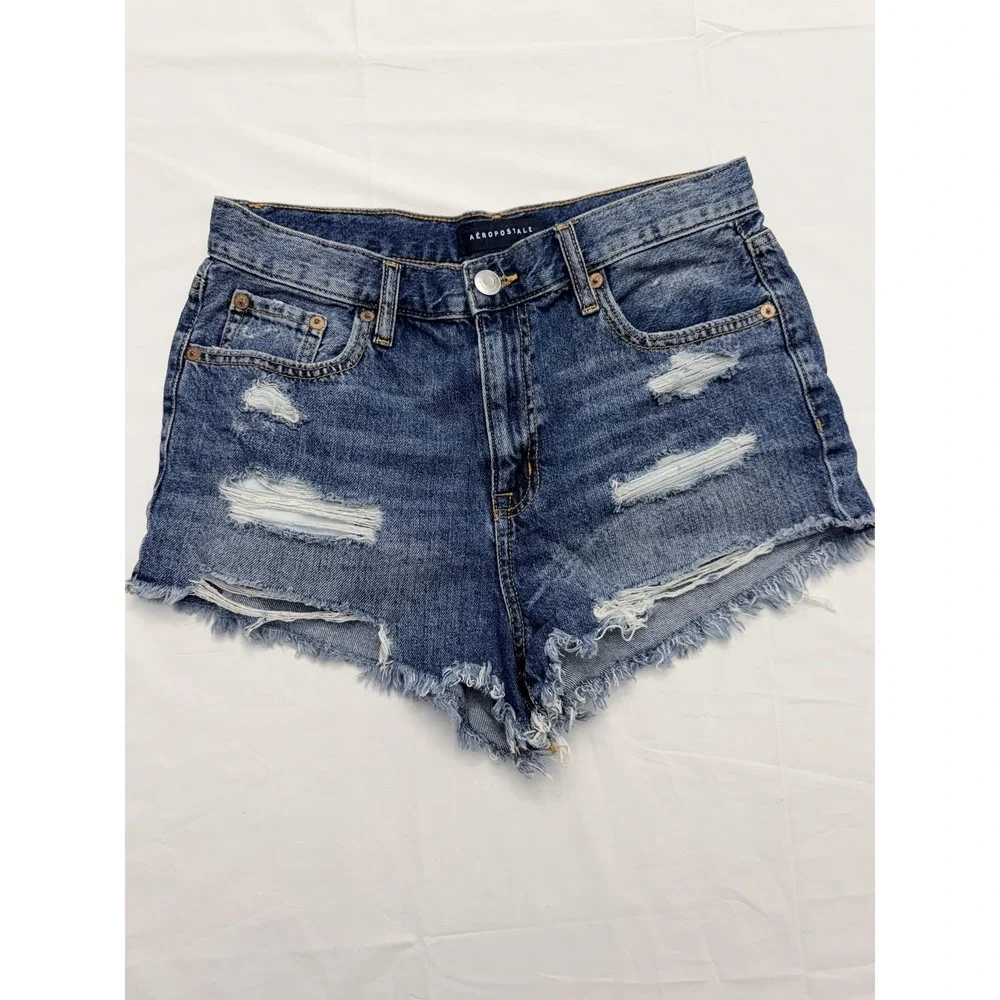 Aeropostale‎ High Rise Shorty Shorts Womens 6 Blue Distressed Cutoff Raw Hem